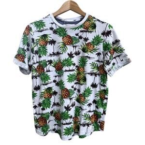 FREE PLANET white green pineapple palm tree print tropical cotton tshirt top